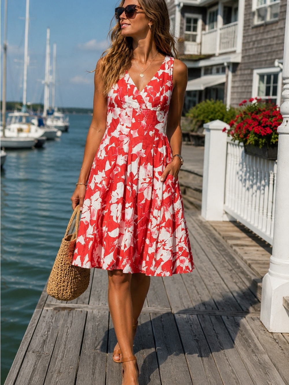 Ralph Lauren Red & White Floral V-Neck Midi Dress with Pockets